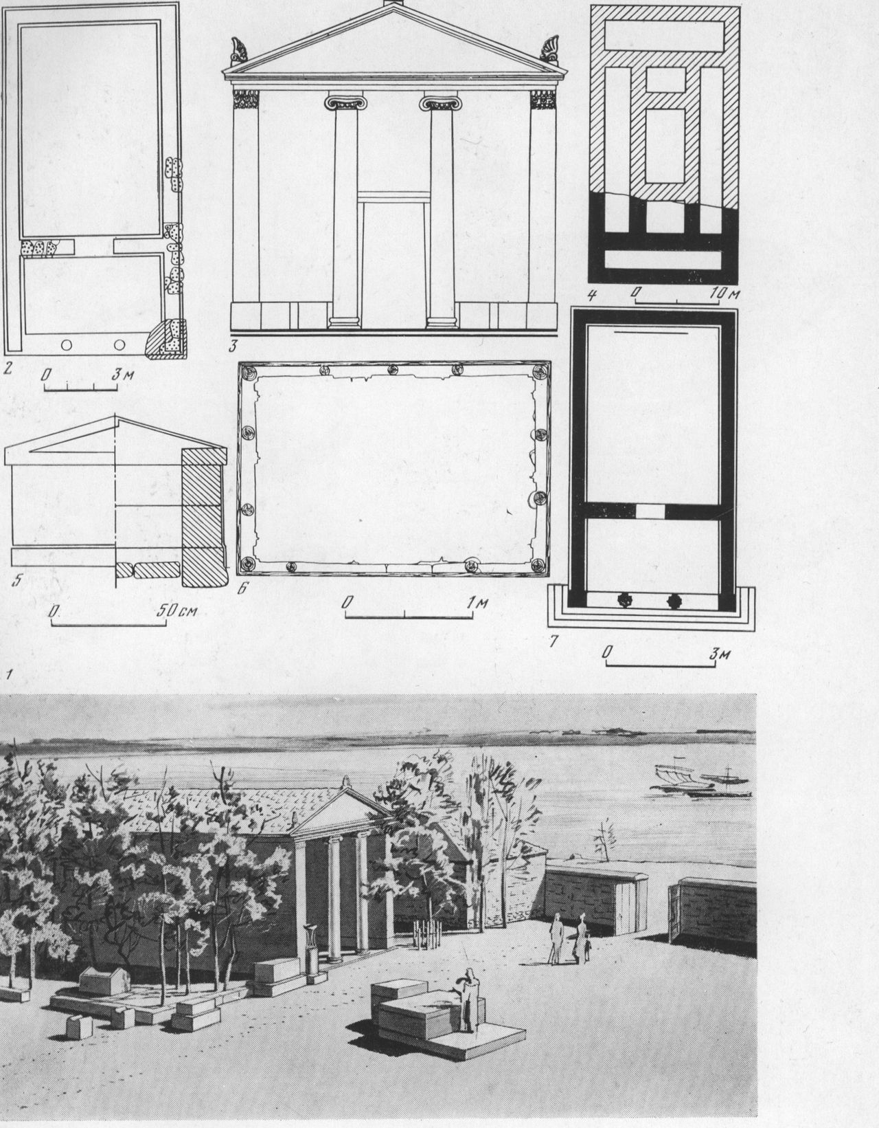 Таблица XII. Ольвия. Теменос. Планы и вид отдельных памятников