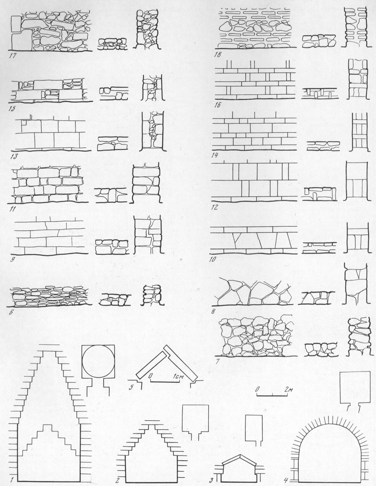 Таблица LXXXVI. Основные типы сводов погребальных сооружений (1—5) и системы кладок стен (6—18)