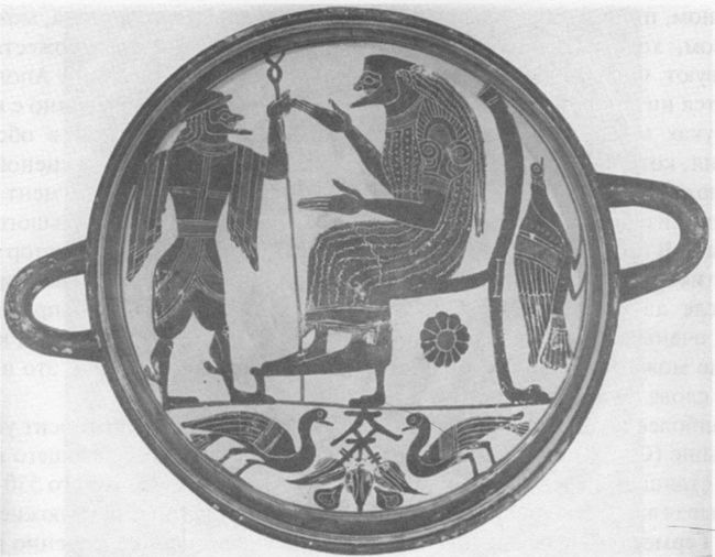 Гермес перед восседающим на троне Зевсом. Килик из Греции