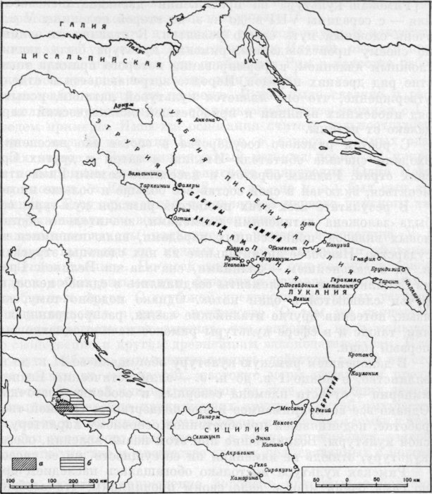 Карта Италии VII—I вв. до н. э. На врезке — Италия к III в. до н. э.