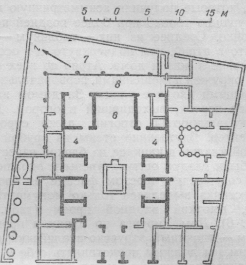 План дома Саллюстия в Помпеях (III век — начало II века до н. э.). Задняя часть дома перестроена, портик за домом частично заложен