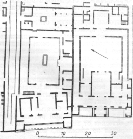 План двух домов на набережной в Геркулануме (I век н. э.): слева—дом Мозаичного атрия, справа — дом Оленей