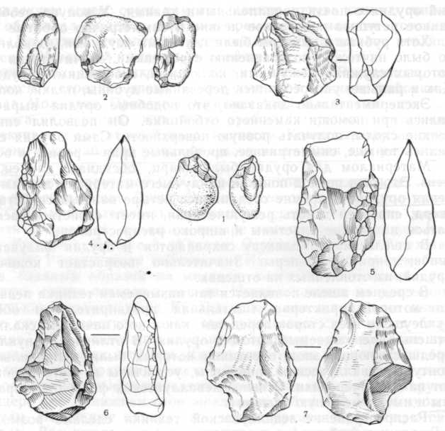 Орудия олдувайской и ашельской эпох: 1—2 — чопперы, 3 — сфероид, 4—5 — кливеры, 6—7 — рубила