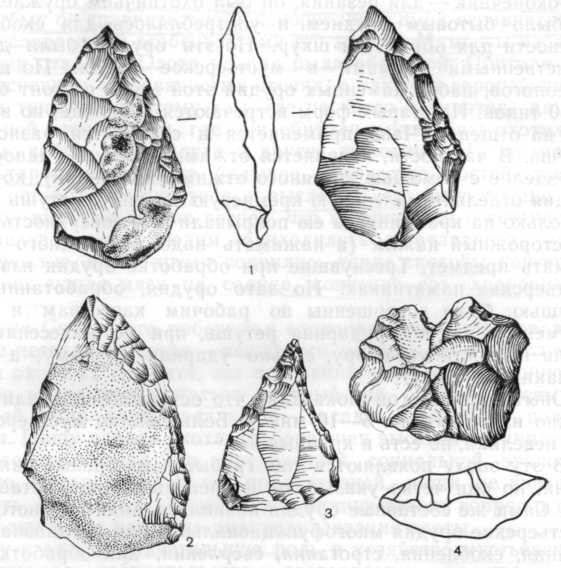 Орудия мустьерской эпохи: 1 — рубило, 2 — скребло, 3 — остроконечник, 4 — дисковидный нуклеус