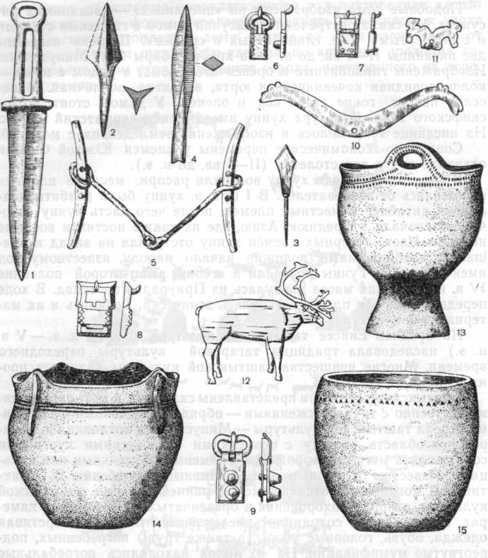 Инвентарь таштыкской культуры: 1 — железный кинжал, 2—3 — железные стрелы, 4 — костяная стрела, 5 — железные удила с псалиями, 6—9 — бронзовые пряжки, 10—11 — амулеты с парными конскими головами, 12 — деревянная статуэтка оленя, 13—15 — керамика