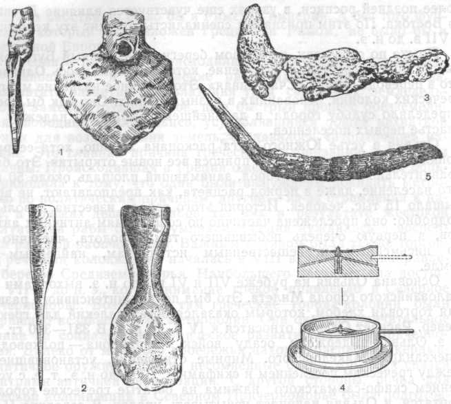 Сельскохозяйственные орудия из античных городов Северного Причерноморья: 1—2 — мотыги, 3 — виноградарский нож, 4 — ручной жернов (схема), 5 — коса