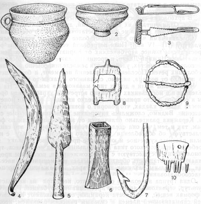 Инвентарь зарубинецкой культуры: 1 — сосуды, 3 — фибула, 4 — серп, .5 — копье, 6 — кельт, 7 — железный рыболовный крючок, 8—9 — пряжки, 10 — гребень
