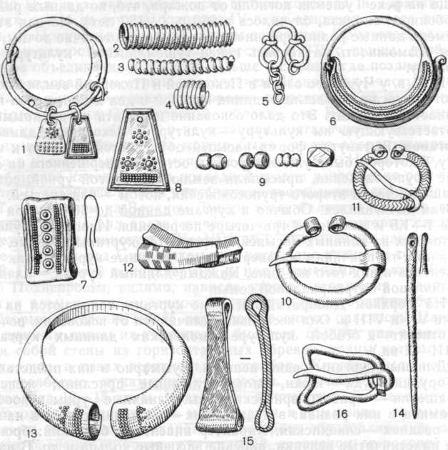 Инвентарь культуры Смоленских длинных курганов: 1 — головной венчик, 2—4 — пронизки, 5 — подвеска; 6 — височное кольцо, 7 — обоймица, 8 — трапециевидная подвеска, 9 — бусы, 10—11 — подковообразные фибулы, 12 — обломки браслетов, 13 — браслет, 14 — игла, 15 — пинцет, 16 — пряжка