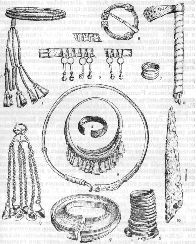 Инвентарь Нукшииского могильника: 1 головной венчик, 2 — пояс, 3 — нагрудное украшение, 4—5 — браслеты, 6 — воинский бра-слет, 7 перстень, 8 —- подковообразная фибула, 9 — гривна с подвесками, 10 — однолезвийный меч, 11 — боевой топор