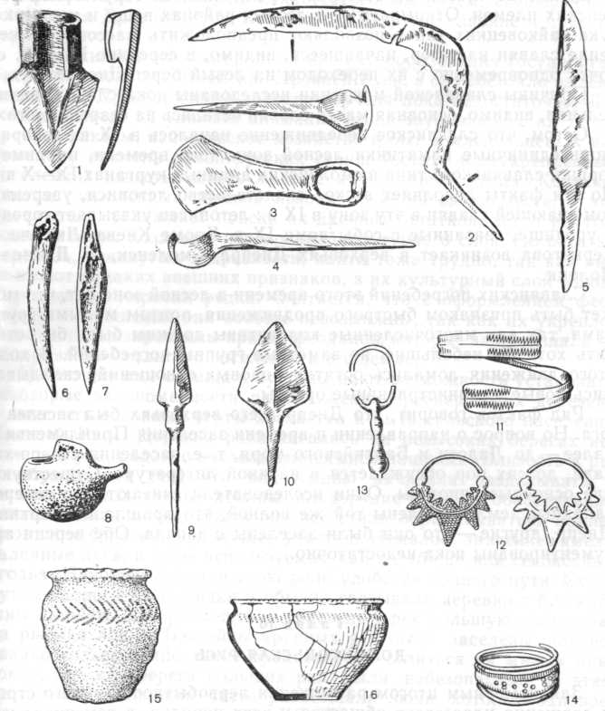 Инвентарь роменской и боршевской культур: I — наральник, 2 —серп, 3 — тесло, 4 — ложкарь, б — нож, 6—7 — проколки, 8 — тигель, 9 — 10 — стрелы, 11 — браслет, 12 — височное кольцо (прототип радимичского), 13 — привеска, 14 — перстень, 15—16 — сосуды