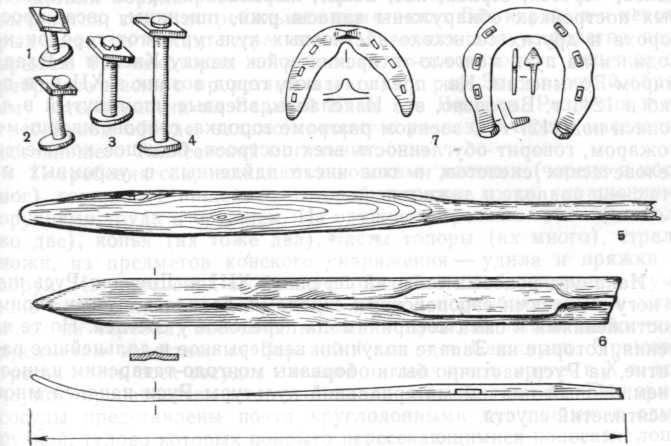 Части транспортных средств: 1—4 — ладейные заклепки, б — весло, 6 — лыжа, 7 — подковы