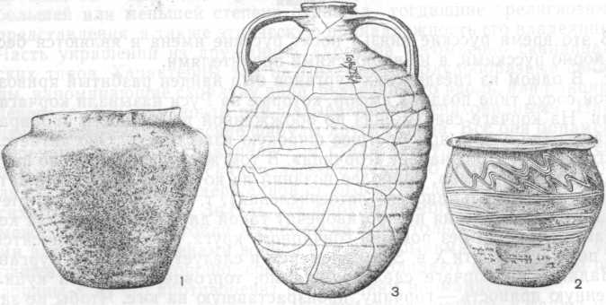 Керамика из Гнёздова: 1 — лепной сосуд, 2 — круговой сосуд, 3 — корчага с древнейшей русской надписью