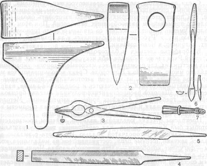 Орудия труда древнерусских ремесленников: 1 — наковальня, 2 — зубило, 3 — клещи, 4 — напильник, 5 — пила, 6 — сверло, 7 — пинцет