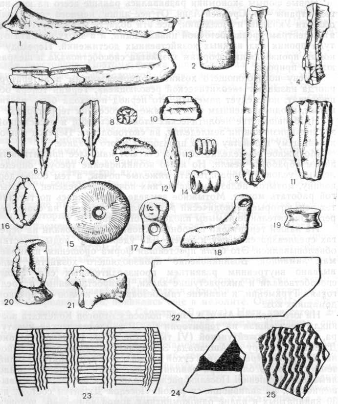 Рис. 8. Инвентарь джейтунской культуры.1 — серп, 2 — топор, 3—4 — пластины, 5—6 — острия, 7 — сверло, 8 — скребок, 9 — сегмент, 10 — трапеция, И —нуклеус, 12 — стрела, 13—14 — бусы, 15 — пряслице, 16 — подвеска из раковины каури, 17—18 — украшения, 19 — шашка, 20—21 — фигурки животных, 22—25 — сосуды и орнамент на них