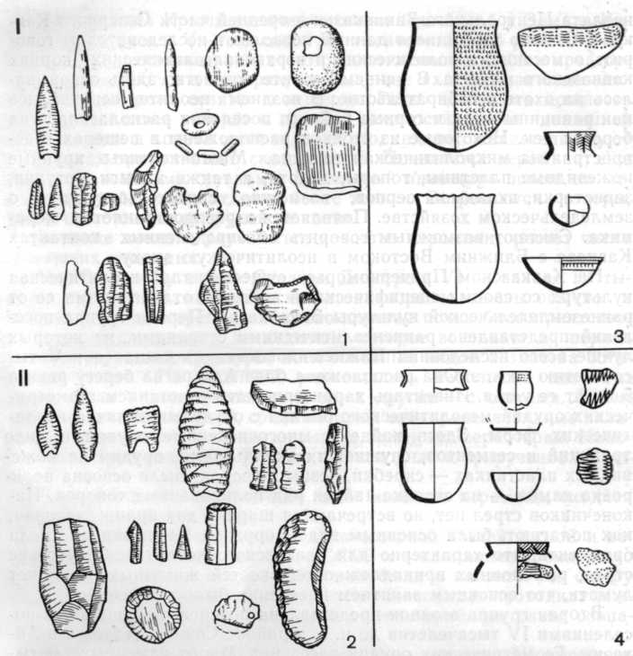 Инвентарь кельтеминарской культуры: I —ранний этап, II —поздний этап: 1—2 — кремневые орудия, 3—4 — сосуды и орнамент на них