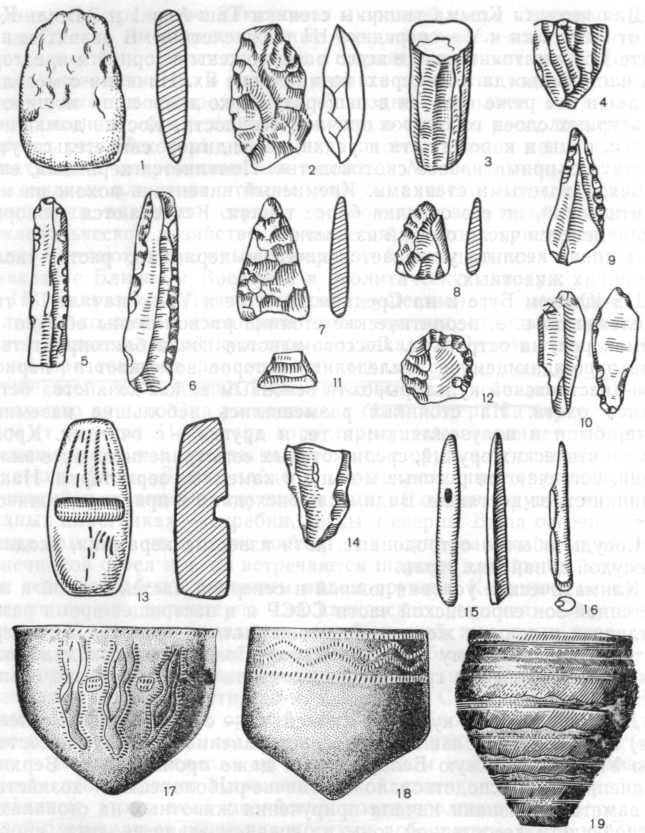 Инвентарь днепро-донецкой культуры: 1 — каменный топор, 2 — каменное рубящее орудие, 3—4 — нуклеусы, 5—6 — каменные но-кевидные пластинки, 7—8 — каменные стрелы, 9—10 — каменные острия, 11 — каменная трапеция, 12 — каменный скребок, 13 — каменный «утюжок», 14 — каменный резец, 15 — костяное острие, 16 — костяное острие со вкладышем, 17—18 — сосуды