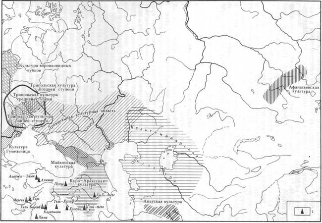 Схема расположения культур энеолита: 1 — энеолитические памятники 