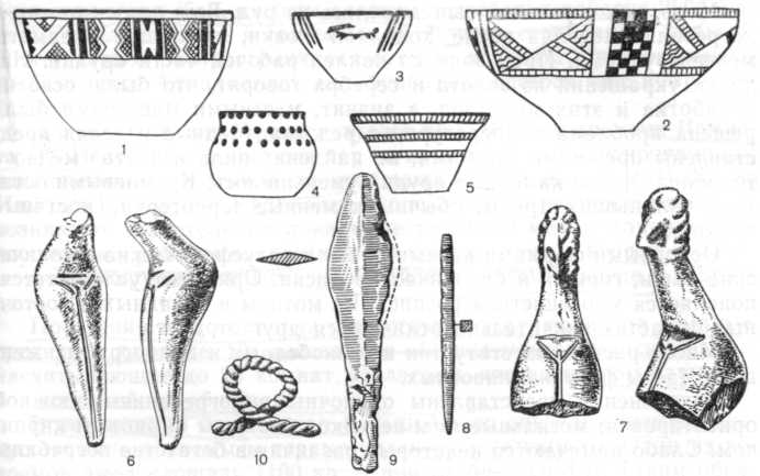 Инвентарь культуры Намазга II: 1—5 — сосуды и их роспись, 6—7 — женские статуэтки, 8 — долото, 9 — нож, 10 — украшение (8—10 — металл)
