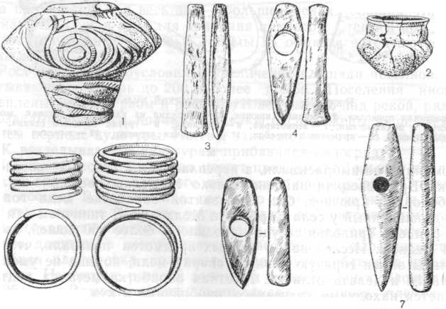 Карбунский клад: 1—2 — сосуды, в которых находились вещи, 3—4 — медные топоры, 5—6 — медные браслеты, 7 — топор из мрамора, 8 — топор из сланца