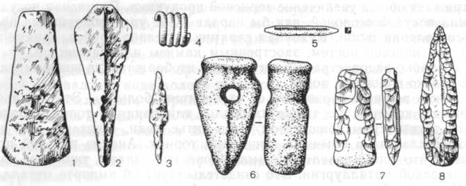 Инвентарь усатовской и городской культур: 1 — бронзовый топор, 2— кинжал, 3 — стрела, 4 — украшение, Б — шило, в — каменный молот, 7 — каменный топор, 8 — каменное орудие