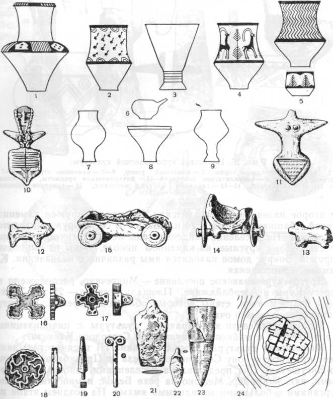 Инвентарь культур Намазга IV—V: 1- 9 — керамика, 10—11—женские статуэтки, 12—13 — фигурки животных, 14—15 — модель повозки, 16—18 — металлические печати, 19 — металлическая стрелка, 20 — металлическая привеска, 21—23 — металлические ножи, 24 —план поселения