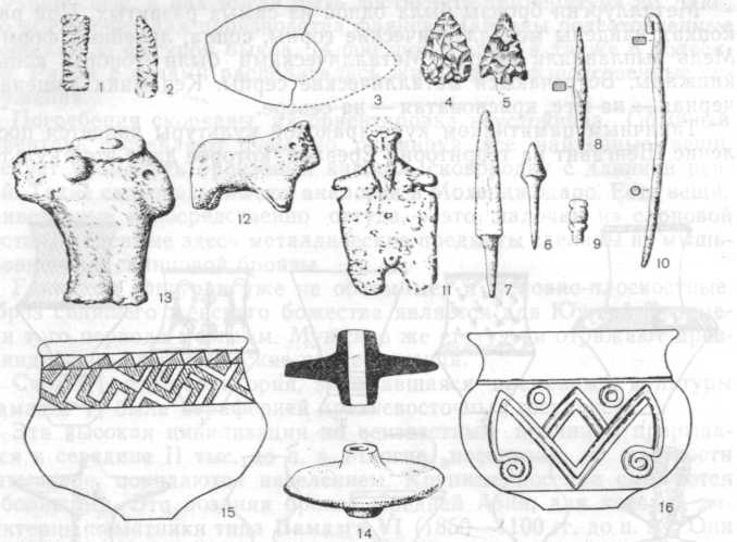 Инвентарь куро-аракской культуры:1—2 — каменные вкладыши серпов, 3 — каменный топор. 4—5 — каменные стрелы. 6—7 — костяные стрелы, 8 — металлическое долото, 9—10 — металлические предметы, 11—глиняная женская статуэтка, 12—13 — глиняные фигурки животных, 14 — глиняное колесико, 15—16 — сосуды
