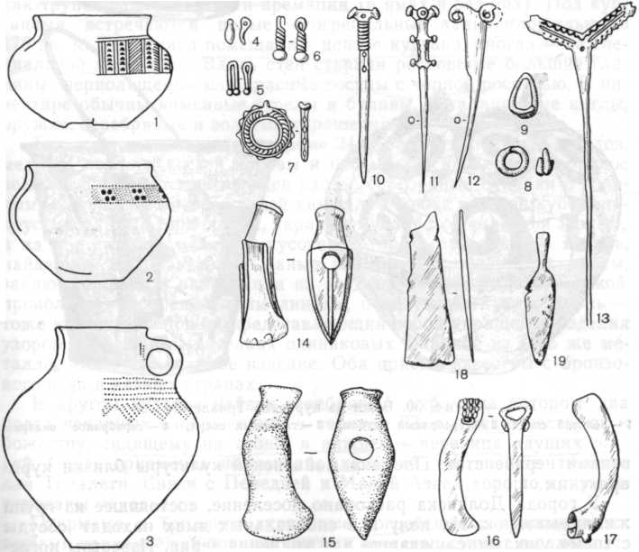 Инвентарь северокавказской культуры: 1—3 — керамика, 4—7 — подвески, 8—9 — височные кольца, 10—13 — булавки, 14—15 — каменные топоры, 16—17 — металлические топоры, 18 — металлическое тесло, 19 — металлический нож