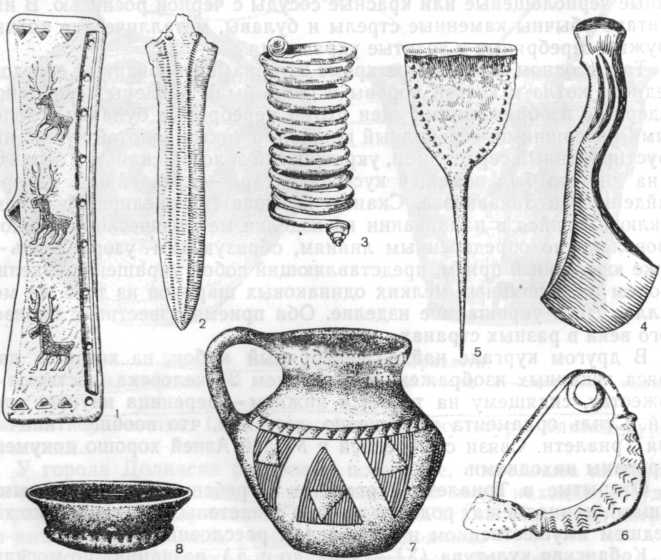 Инвентарь кобанской культуры:1 — пряжка. 2 —кинжал, 3 — браслет, 4 —топор, 5—булавка, 8 — фибула, 7—8 — керамика