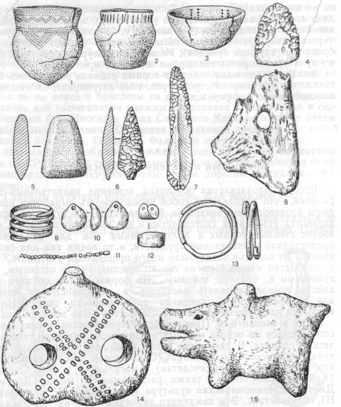 Инвентарь среднестоговской культуры: I—8 — керамика, 4—5 — топоры, 6 —каменная стрела, 7 — нож, 8 — мотыга роговая, 9— 13 — украшения, 14—15 — статуэтки
