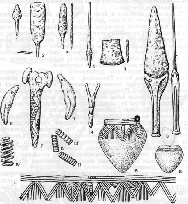 Инвентарь древнеямной культуры: 1—6 — медные орудия, в — медный кинжал, 7 — костяное украшение, 8—9 — привески из зубов животных, 10—14 — пронизки, 1Б—16 — сосуды, 17 — орнамент сосуда