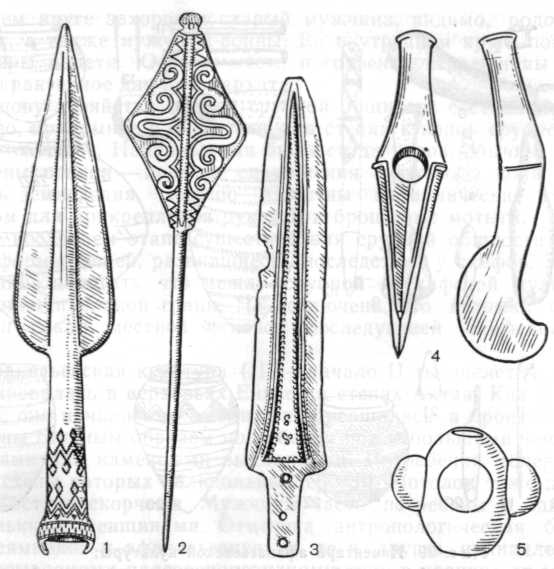 Вещи из Бородинского клада:металл: 1 — копье, 2 — булавка, 3 — кинжал; камень: 4 — топор, 5 — булава