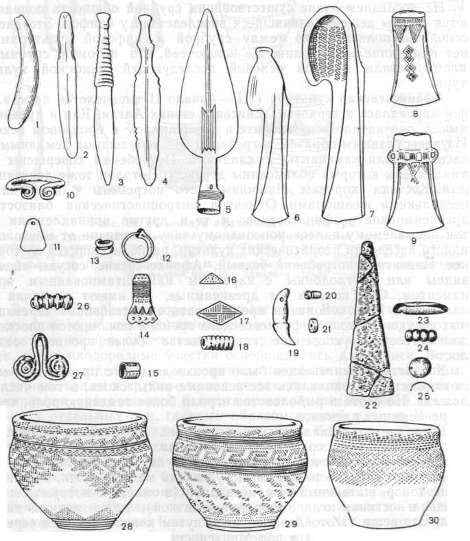 Инвентарь андроновской культуры: 1 — металлический серп, 2 — металлический нож, 3—4 — ножи, б — металлическое копье, 6—7 — топоры, 8—9 — топоры-кельты, 10—27 — украшения, 28—30 — керамика