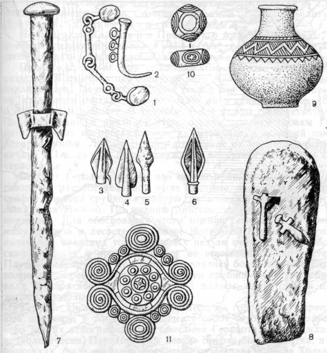 Инвентарь киммерийской культуры: 1 — удила, 2 — псалий, 3—6 — наконечники стрел, 7 — железный кинжал, 8 — каменная стела, 9 — сосуд, 10—11 — украшения