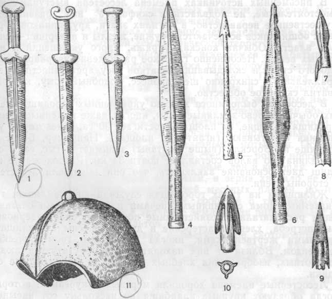 Оружие скифов: 1—3 — железные мечи, 4—6 —железные копья, 7—10 — бронзовые стрелы, 11—железный шлем