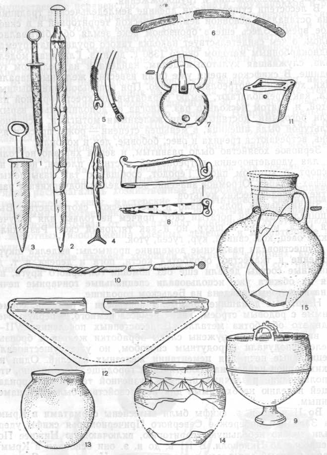 Сарматские вещи:1—2 — мечи, 3 — кинжал, 4 — стрела, 5 — остатки древков стрел, 6 — остатки лука с костяными обкладками, 7 —пряжка, 8 — фибула, 9 — бронзовый котел, 10 — крючок для извлечения мяса из котла, 11 — курильница, 12—15 — керамика