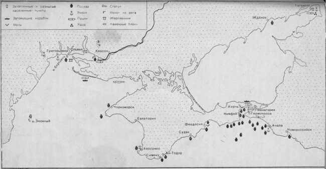Схематическая карта подводных находок в северной части Черного моря и в Азовском море