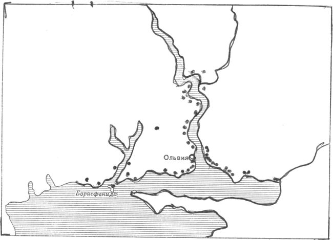 Схематическая карта древних поселений в районе Ольвии