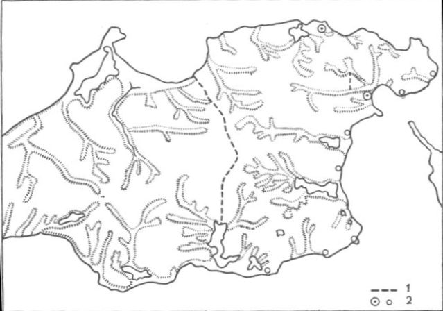 Схематический план восточной части Керченского полуострова 1 — валы; 2 — античные города