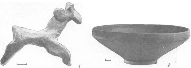 Рис. 29. Участок IV. Керамика из раскопок дворика перед башней IV. 1 — статуэтка лошади; 2 — краснолаковая чаша.
