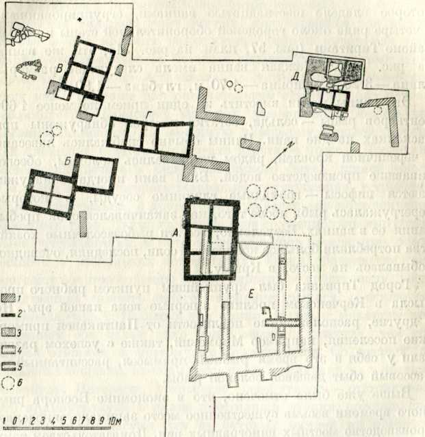 План, раскопанной части города Тиритаки (участок XIII), где обнаружены группы рыбозасолочных ванн (А, Б, В, Г) и винодельня (Д) — первых веков н. э. ; Е—базилика VI в. н. э.