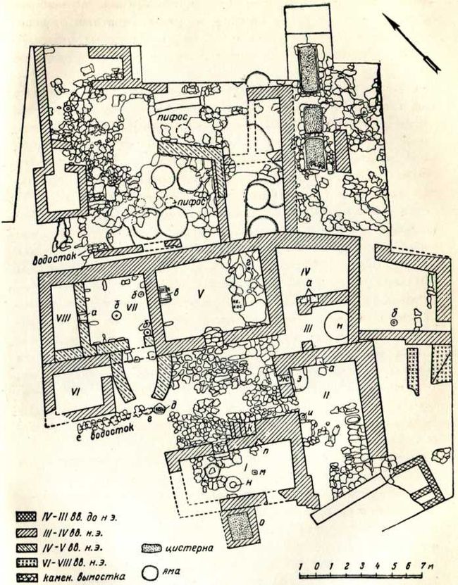 План дома III—IV вв. н. э., раскопанного в Тиритаке на участке XV.