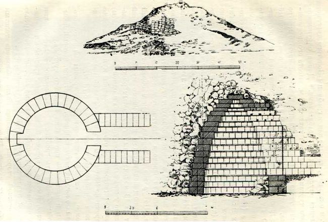 Золотой курган. общий вид 2 — пали склепа, 8 — продольный разрез склепа