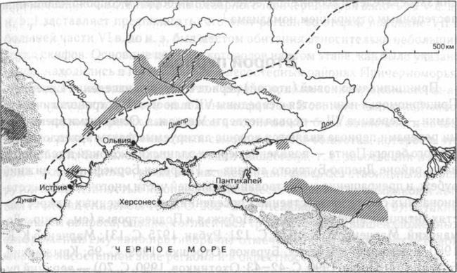 Карта-схема расселения скифов в Северном Причерноморье VII—VI вв. до н. э. (штриховка наклонными линиями — районы сосредоточения скифов)