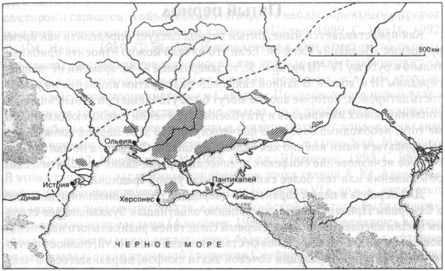 Карта-схема расселения скифов в Северном Причерноморье V-IV вв. до н. э. (штриховка наклонными линиями — районы сосредоточения скифов)