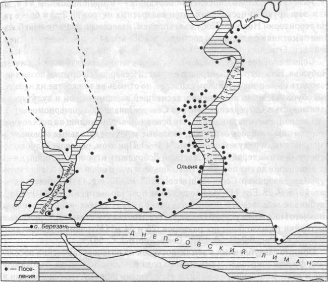 Рис. 3. Поселения Нижнего Побужья VI — первой трети V в. до н. э.