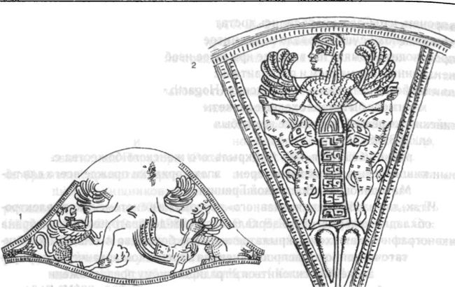 божество на пластине серебряного келермесского ритона; 2 — божество на зеркале