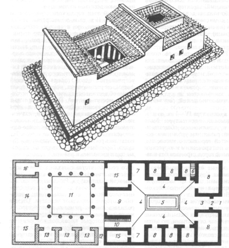 План и реконструкция богатого римского дома с перистилем (11) и атрием (5). II — I вв. до н. э.