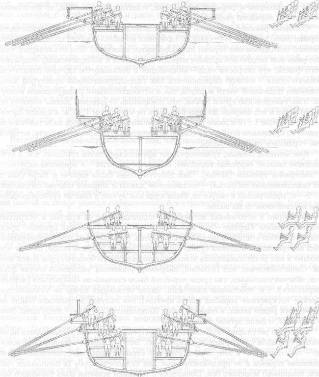 Варианты расположения гребцов на судах с двумя и тремя рядами весел
