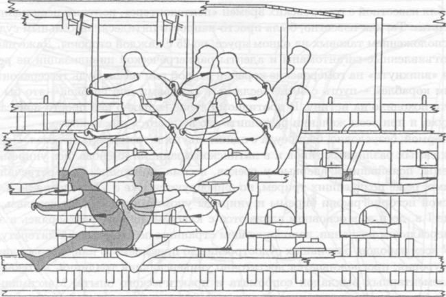 Кинематика движений гребцов на судне с тремя рядами весел