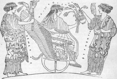Триптолем на колеснице с крылатыми змеями; налево от него богиня Де­метра с факелом и колосьями; направо — богиня Персефона с кувшином и факелом. (Рисунок на вазе.)